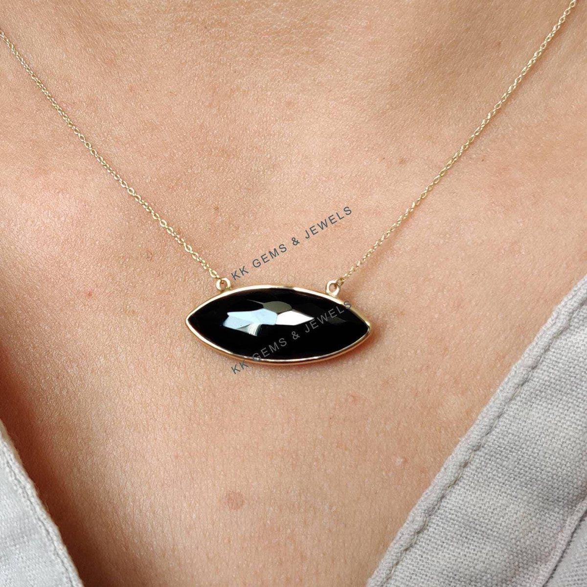 14K Solid Yellow Gold Natural Black Onyx Marquise Necklace- December Birthstone
