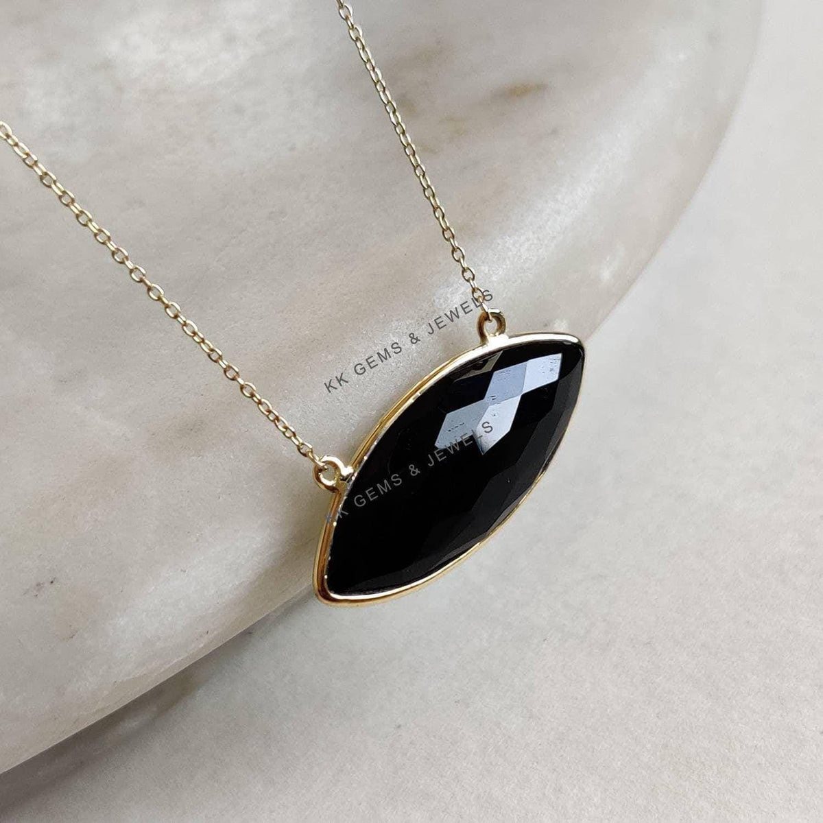 14K Solid Yellow Gold Natural Black Onyx Marquise Necklace- December Birthstone