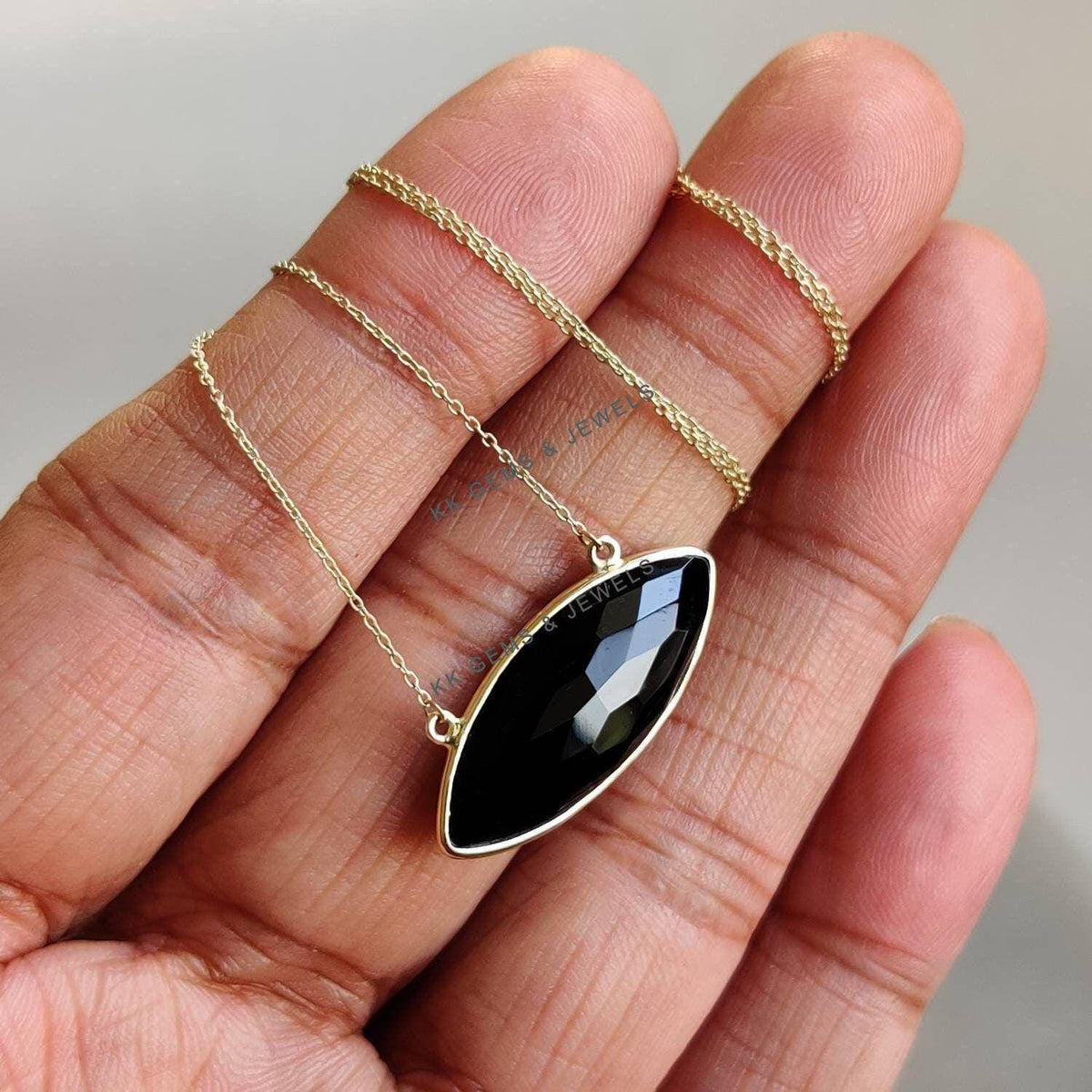 14K Solid Yellow Gold Natural Black Onyx Marquise Necklace- December Birthstone