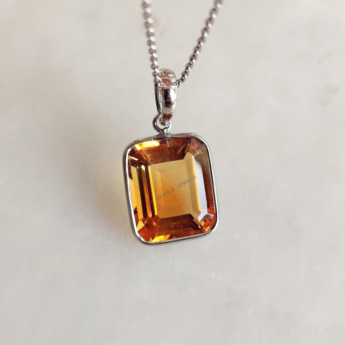 Natural Citrine Pendant: 14K Solid White Gold Pendant, November Birthstone