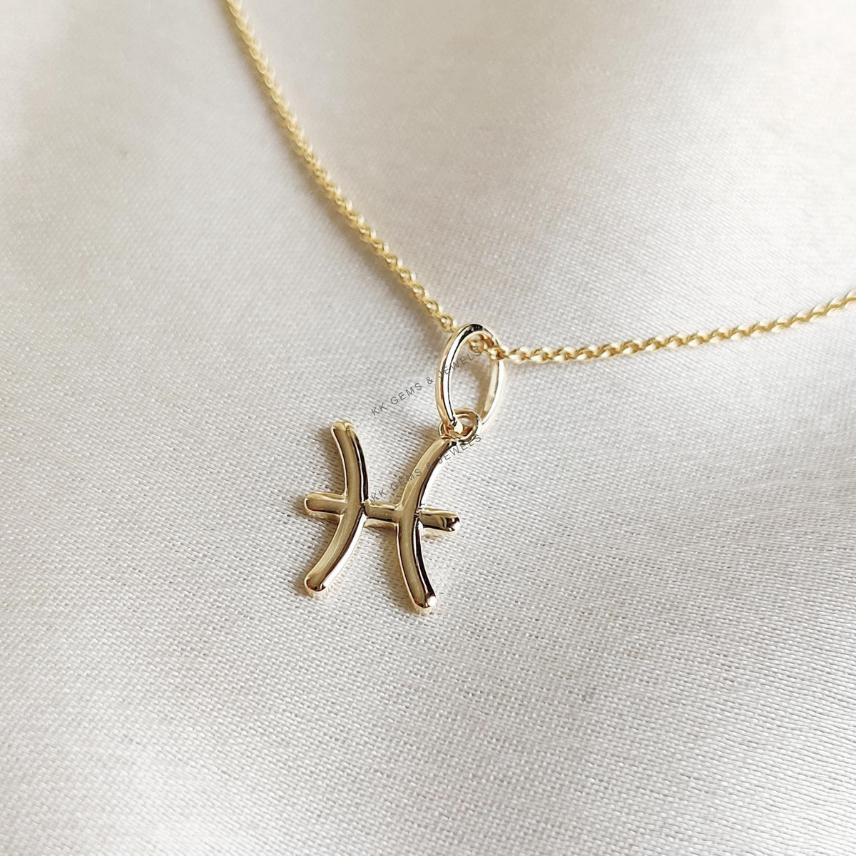 14K Solid Gold Pisces Zodiac Pendant, Symbolic Charm