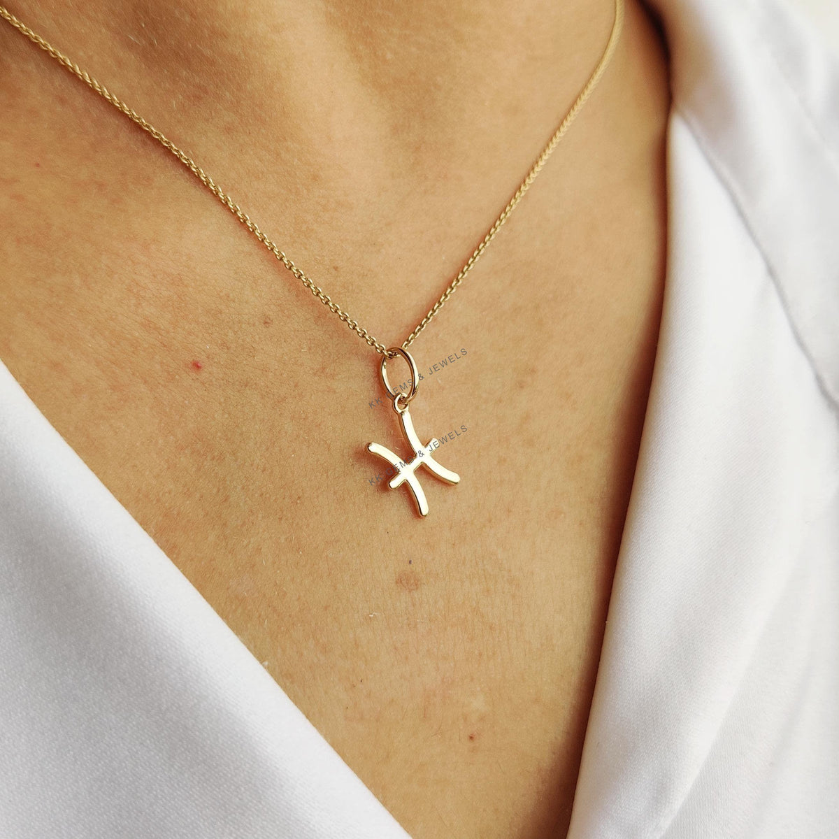 14K Solid Gold Pisces Zodiac Pendant, Symbolic Charm