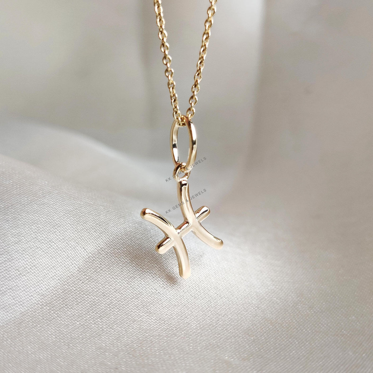 14K Solid Gold Pisces Zodiac Pendant, Symbolic Charm