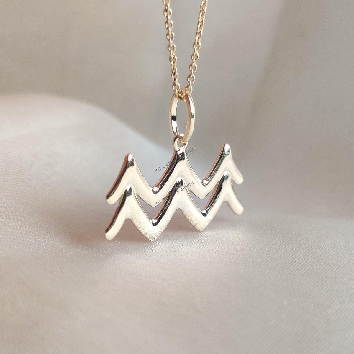 14K Solid Yellow Gold Aquarius Zodiac Pendant, Symbolic Charm
