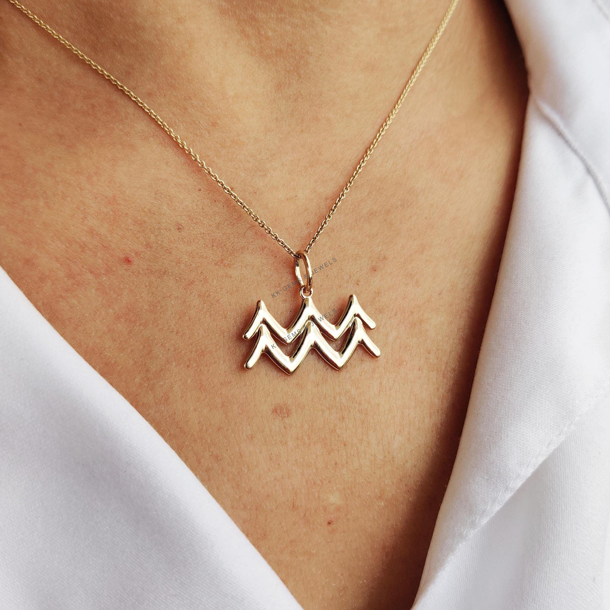14K Solid Yellow Gold Aquarius Zodiac Pendant, Symbolic Charm