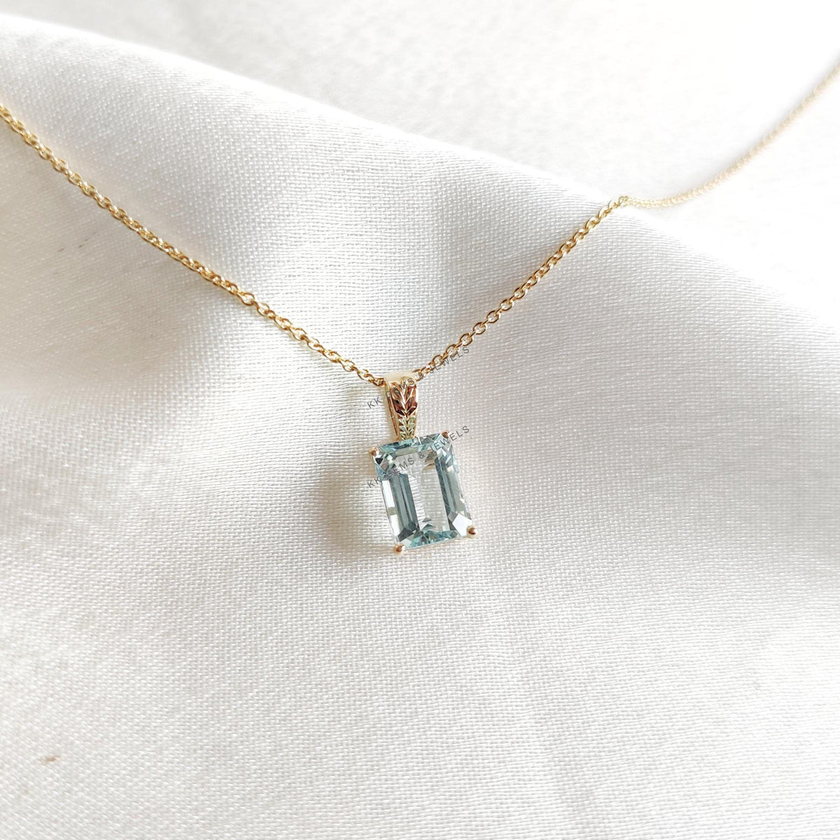 14K Solid Gold Natural Aquamarine Pendant, March Birthstone Jewelry
