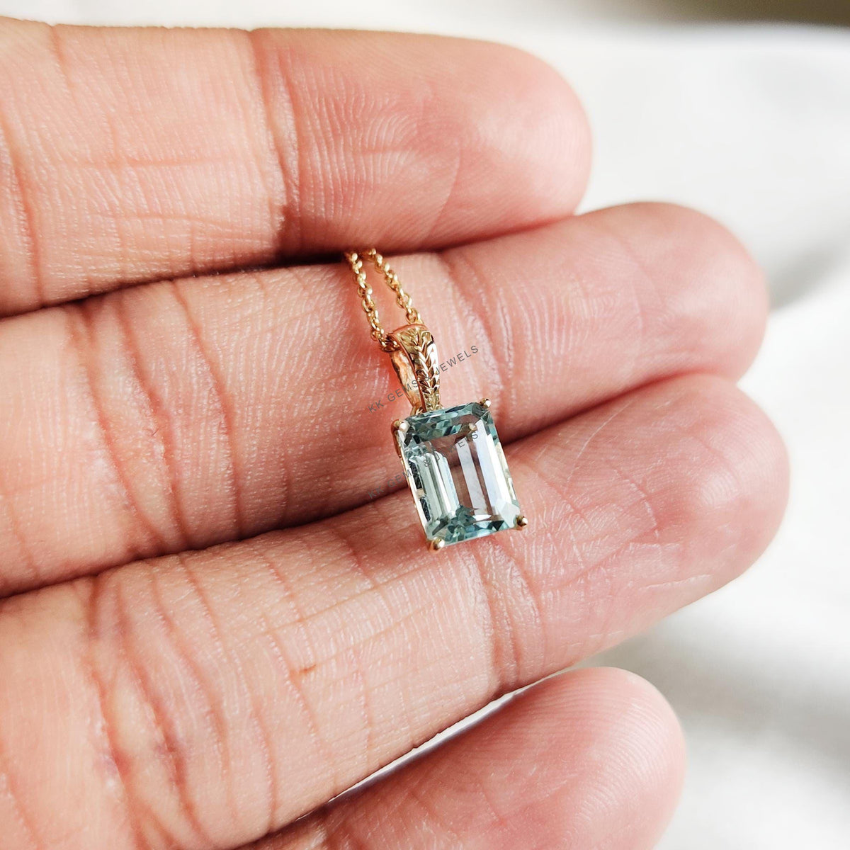 14K Solid Gold Natural Aquamarine Pendant, March Birthstone Jewelry