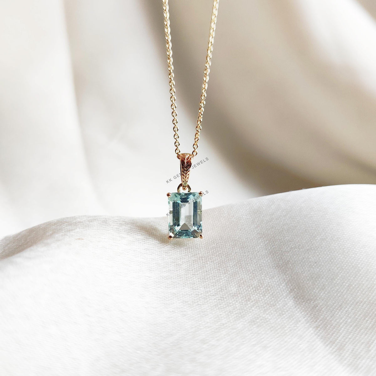 14K Solid Gold Natural Aquamarine Pendant, March Birthstone Jewelry