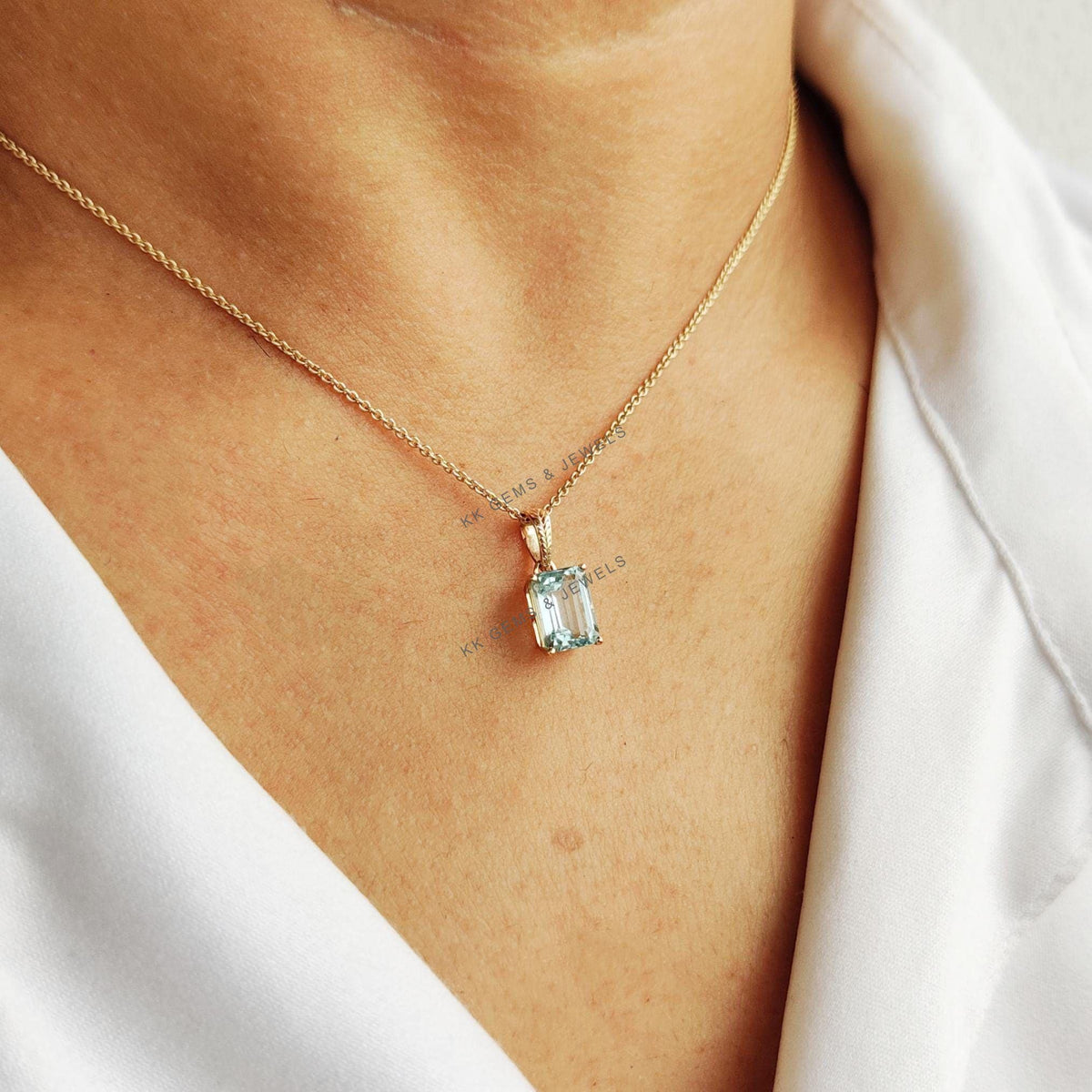 14K Solid Gold Natural Aquamarine Pendant, March Birthstone Jewelry
