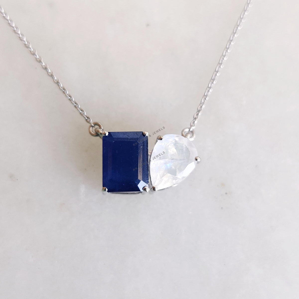 Natural Blue Sapphire & Rainbow Moonstone Pendant: 14K Solid White Gold, September June Birthstone