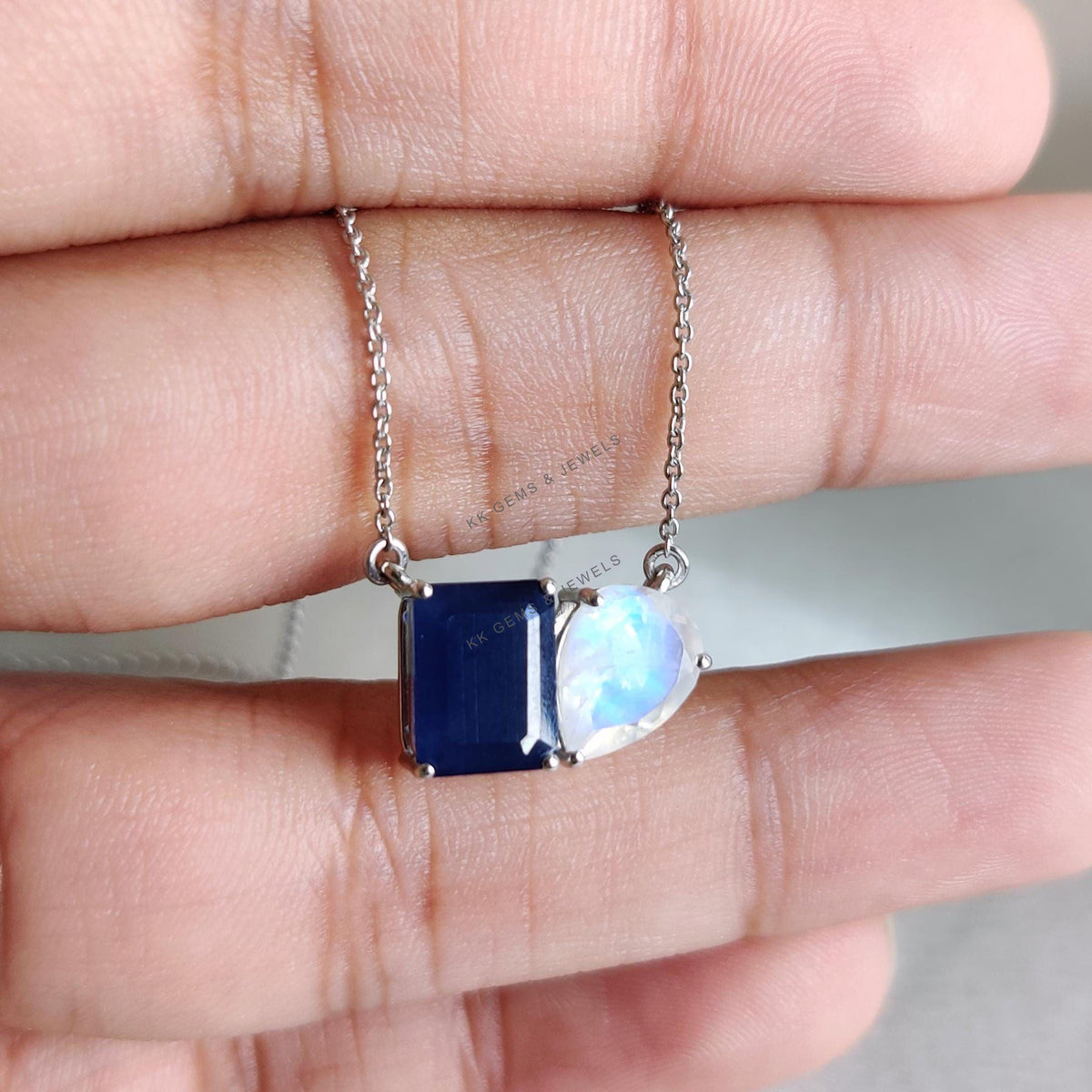 Natural Blue Sapphire & Rainbow Moonstone Pendant: 14K Solid White Gold, September June Birthstone