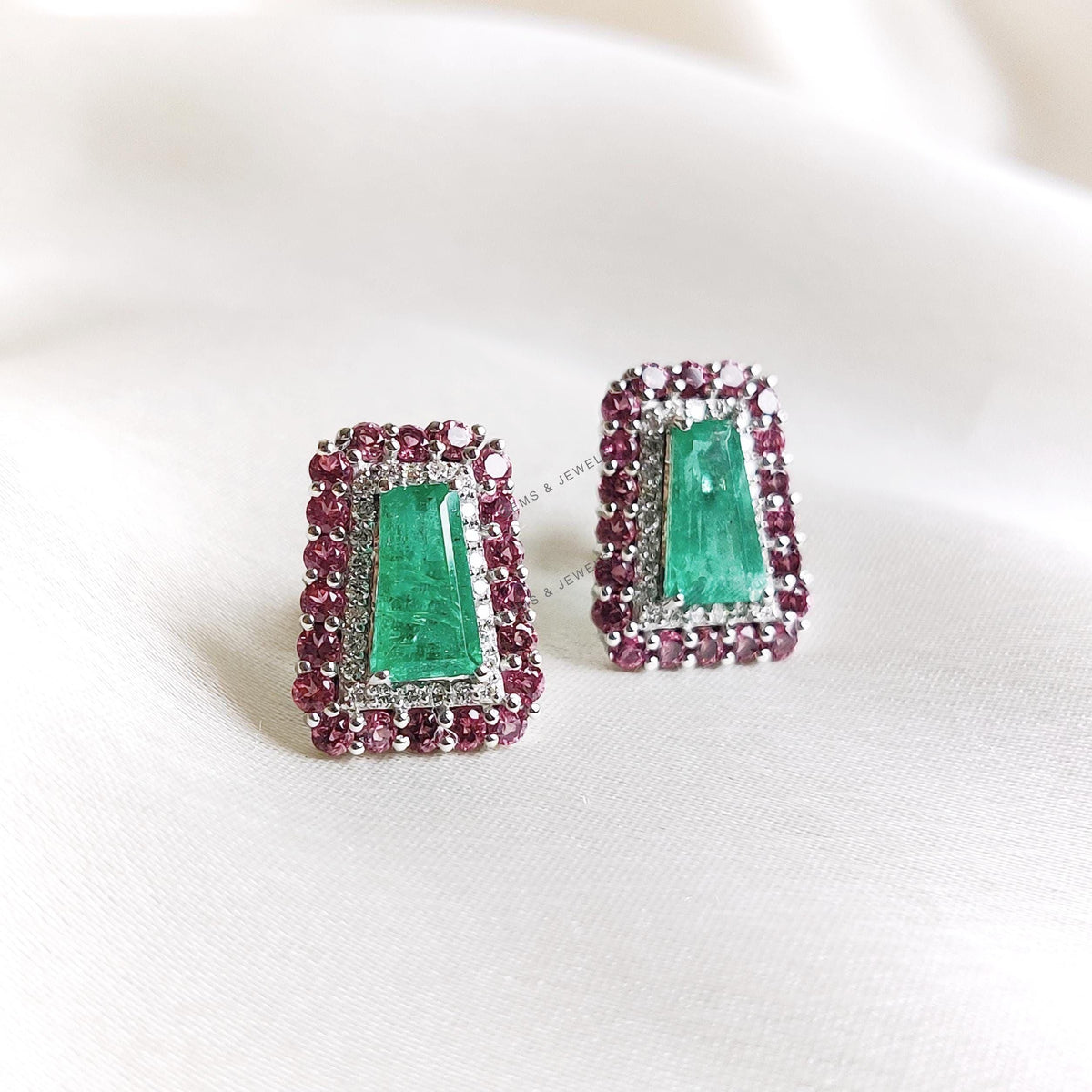 Natural Emerald & Pink Tourmaline and Diamond Earrings: 14K Solid White Gold May Birthstone