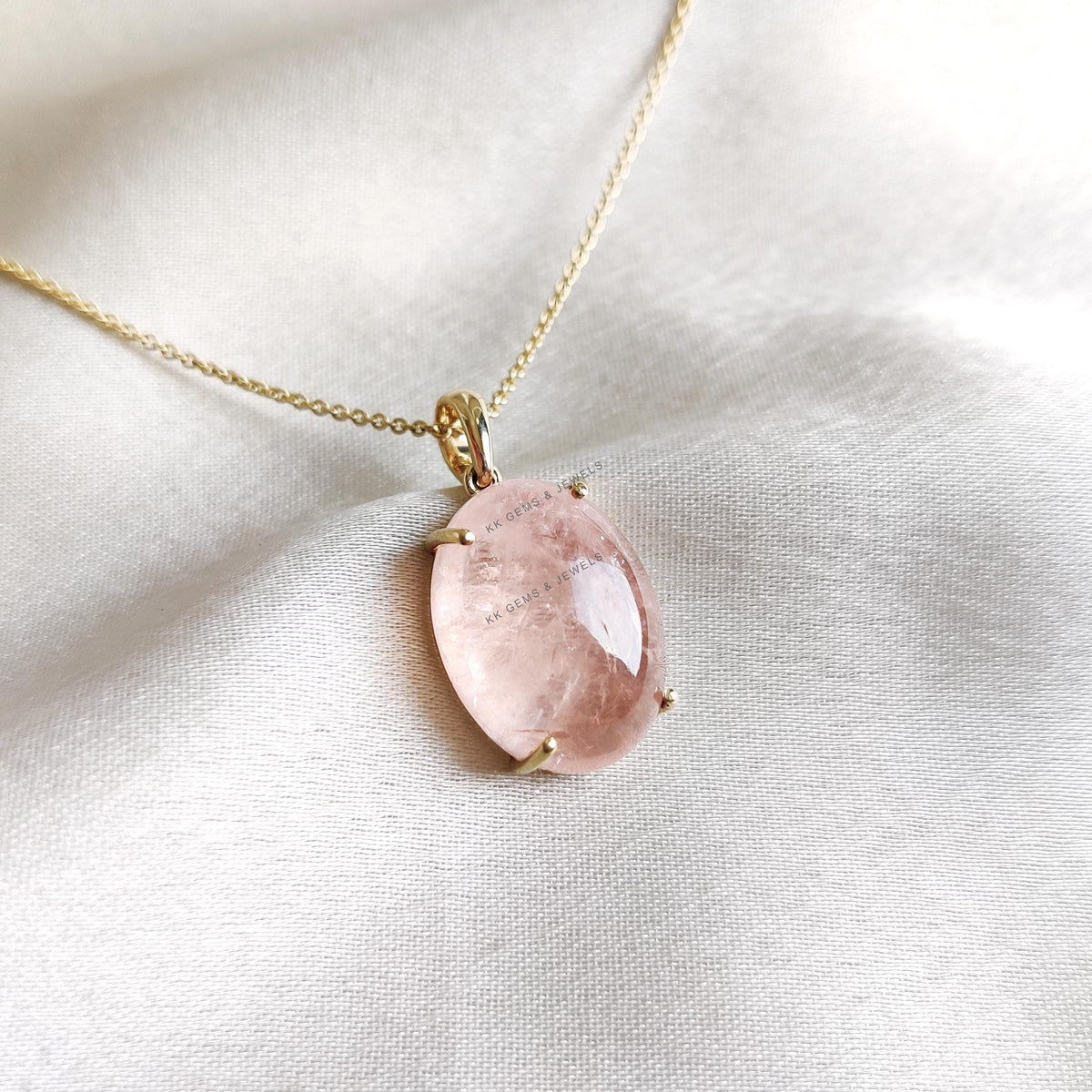 14K Solid Yellow Gold Natural Morganite Pendant - Oval Cabochon November Birthstone