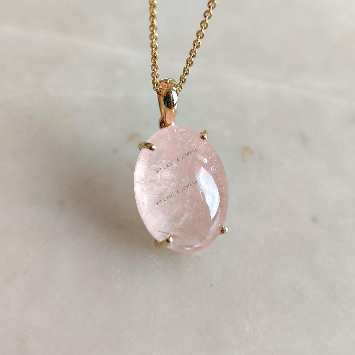 14K Solid Yellow Gold Natural Morganite Pendant - Oval Cabochon November Birthstone