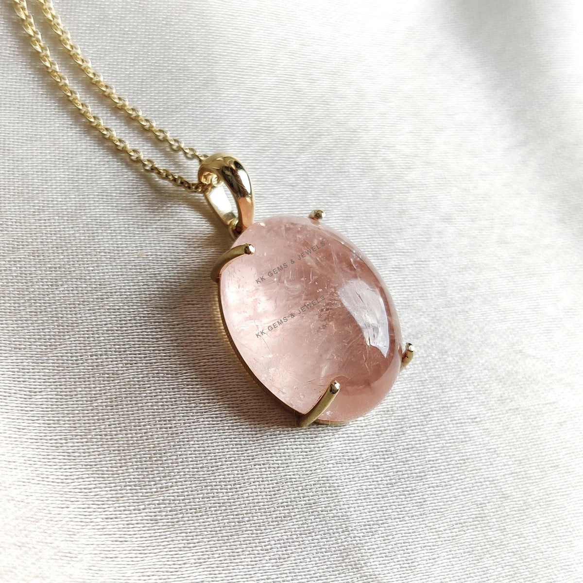 14K Solid Yellow Gold Natural Morganite Pendant - Oval Cabochon November Birthstone
