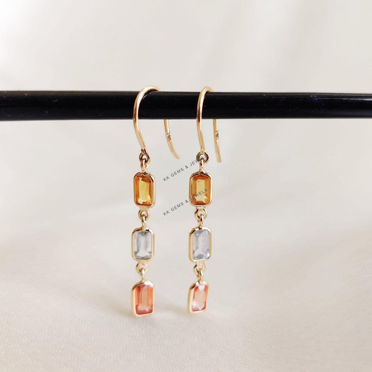 14K Solid Yellow Gold Natural Multi Sapphire Drop Earrings, September Birthstone