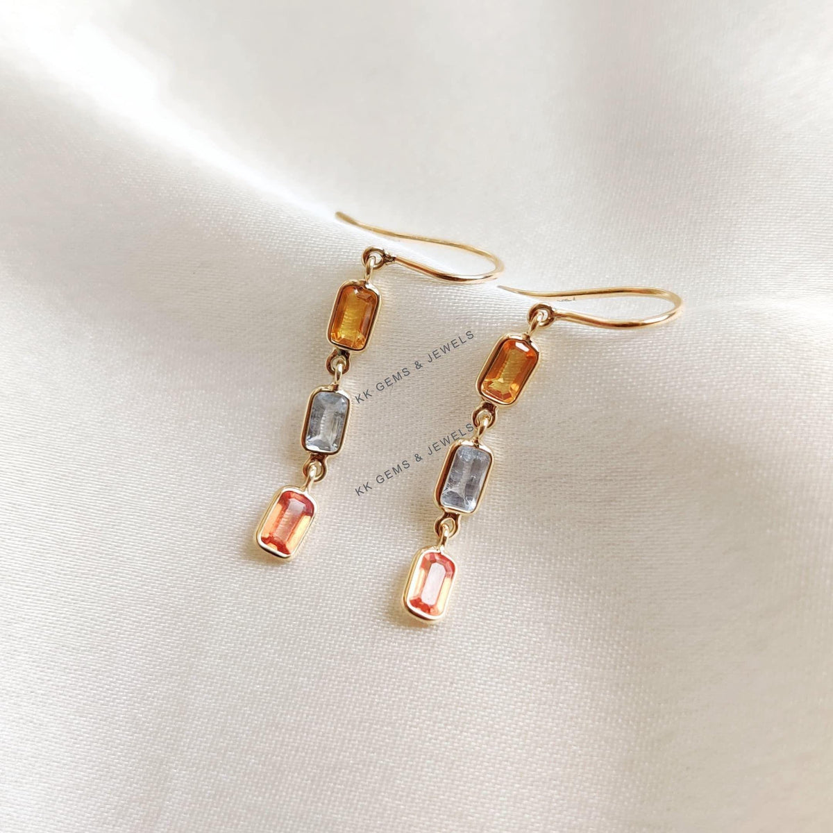 14K Solid Yellow Gold Natural Multi Sapphire Drop Earrings, September Birthstone
