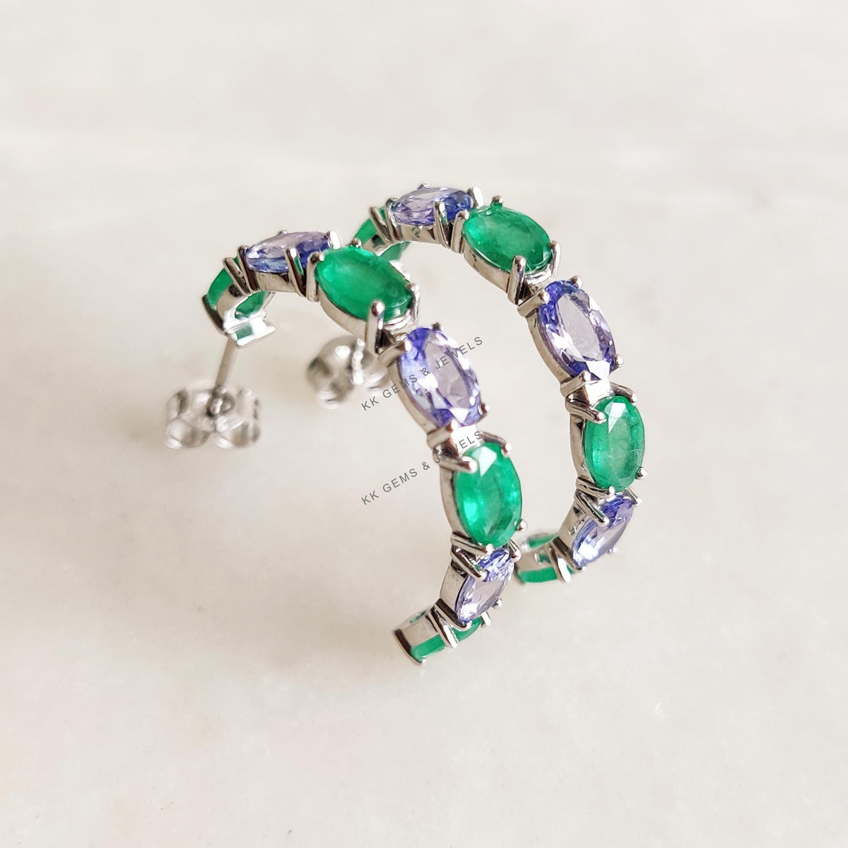Natural Emerald & Tanzanite Earrings, 14K Solid White Gold Hoop Jewelry