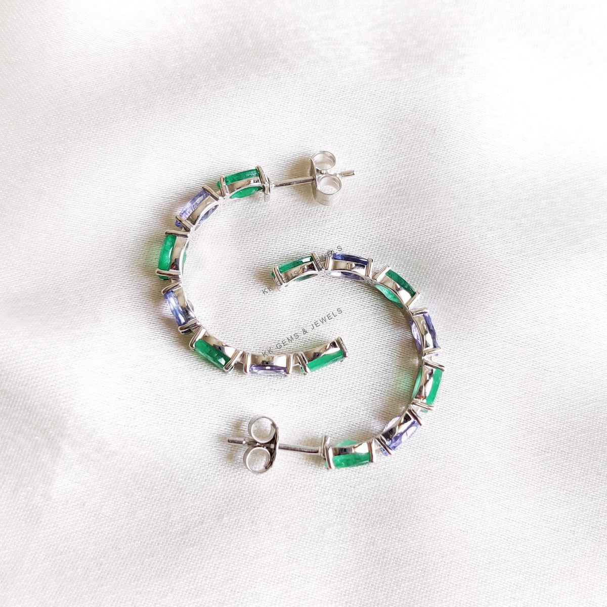 Natural Emerald & Tanzanite Earrings, 14K Solid White Gold Hoop Jewelry