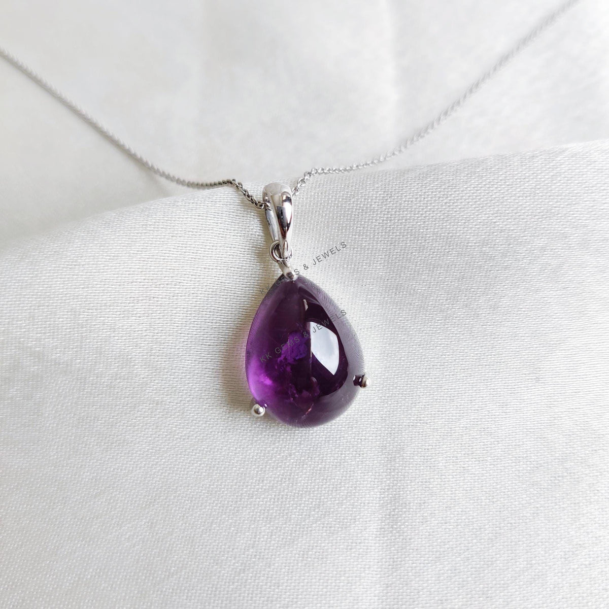 Pear Natural Purple Amethyst Pendant, 14K Solid White Gold, February Birthstone