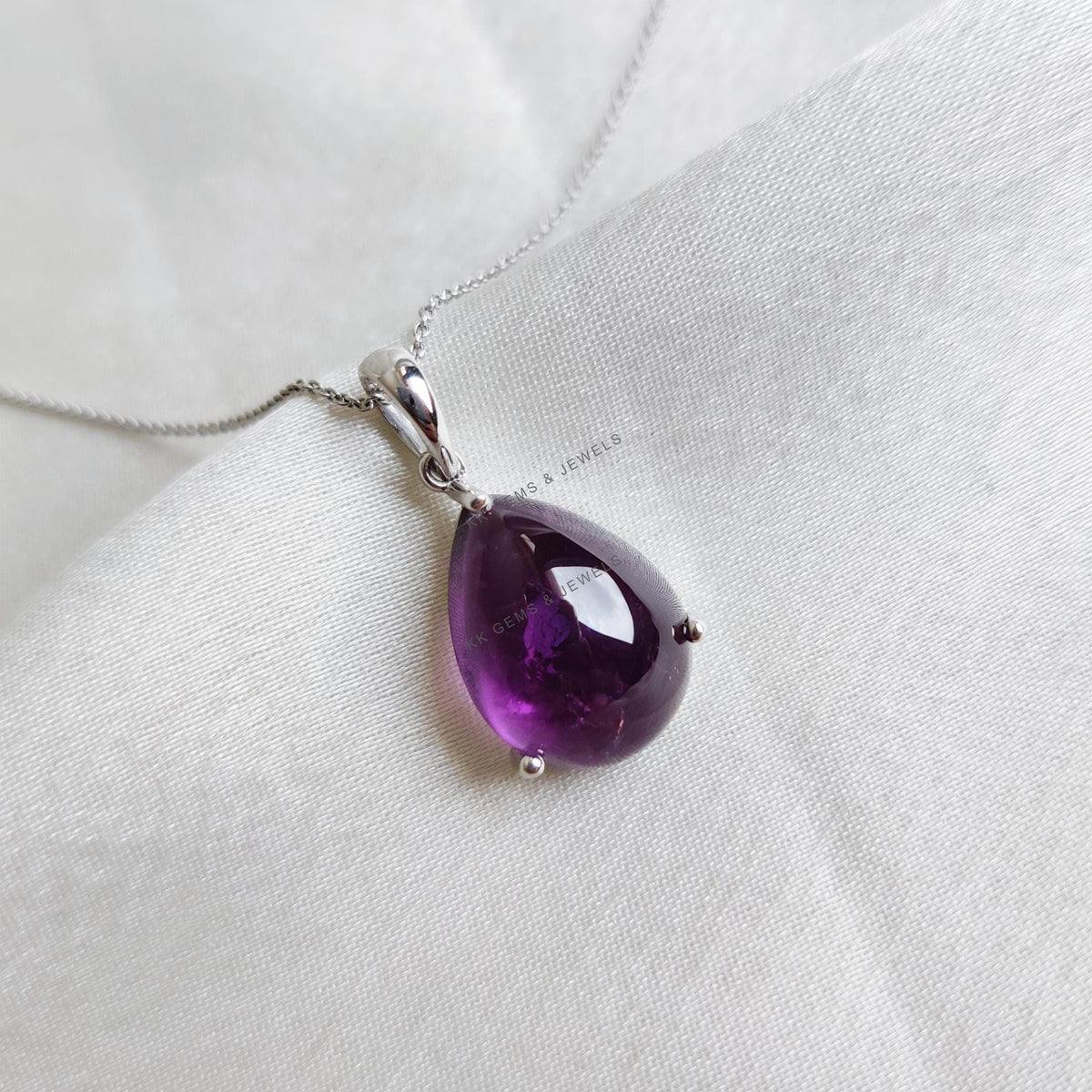 Pear Natural Purple Amethyst Pendant, 14K Solid White Gold, February Birthstone