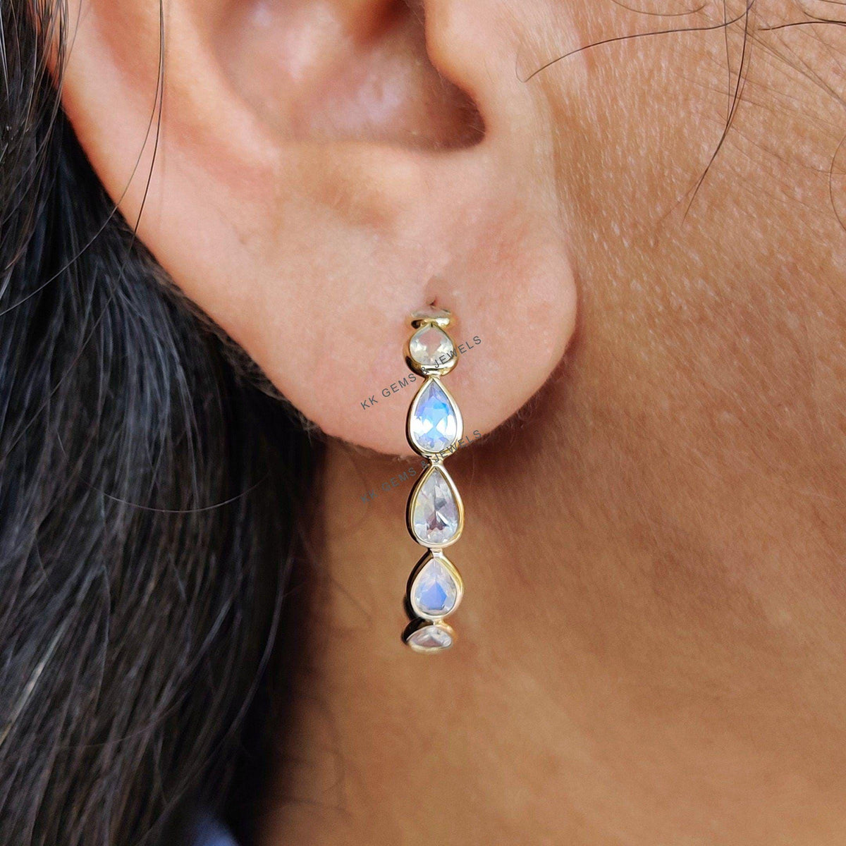 Natural Rainbow Moonstone Hoop Earrings, 14K Solid Gold, June Birthstone