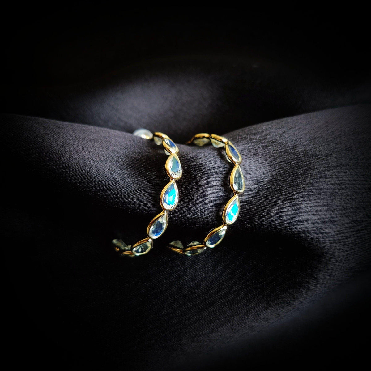 Natural Rainbow Moonstone Hoop Earrings, 14K Solid Gold, June Birthstone