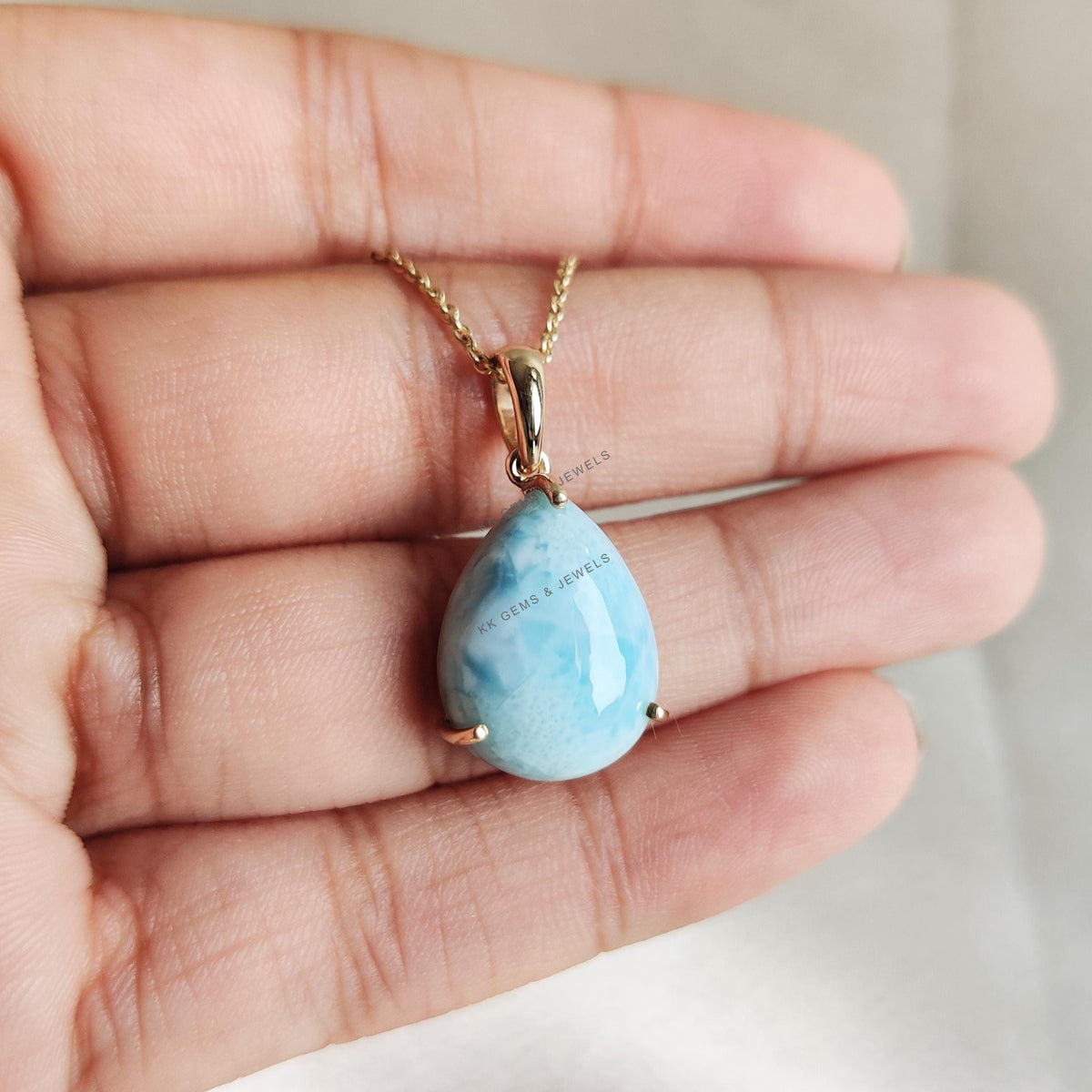 Natural Larimar 14K Solid Yellow Gold Prong Setting Pendant, March Birthstone