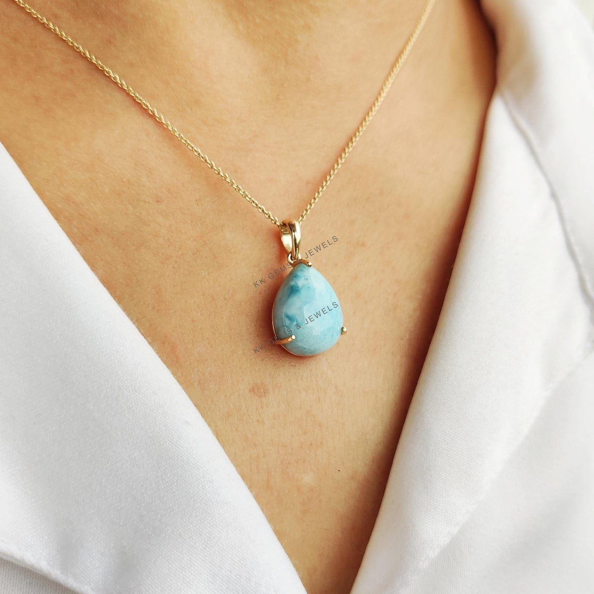 Natural Larimar 14K Solid Yellow Gold Prong Setting Pendant, March Birthstone