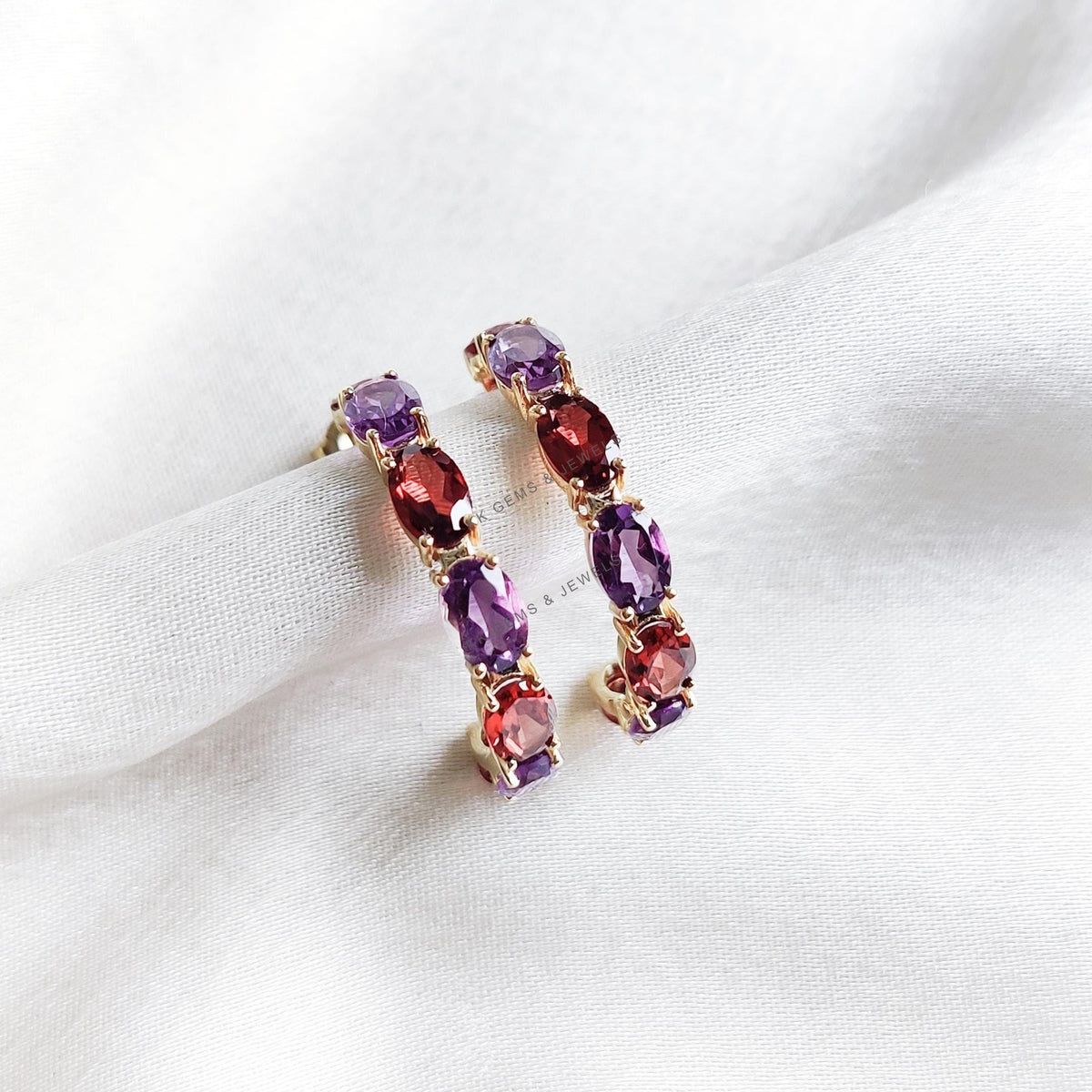 Natural Purple Amethyst & Garnet Earrings, 14K Solid Yellow Gold Multi stone Hoops
