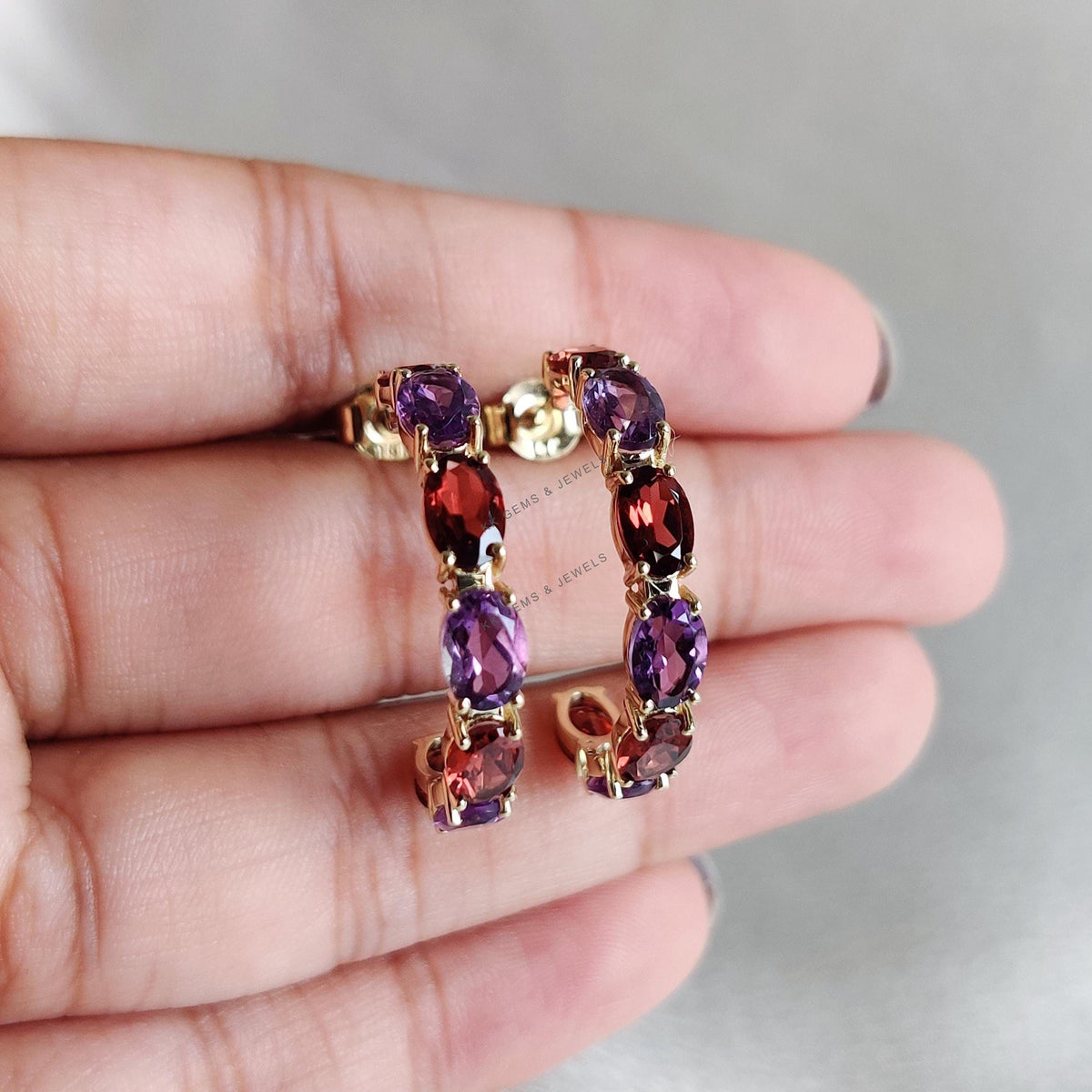 Natural Purple Amethyst & Garnet Earrings, 14K Solid Yellow Gold Multi stone Hoops
