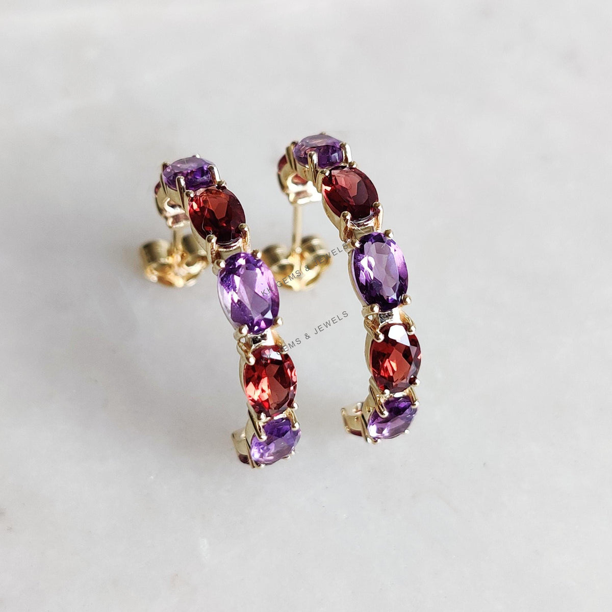Natural Purple Amethyst & Garnet Earrings, 14K Solid Yellow Gold Multi stone Hoops