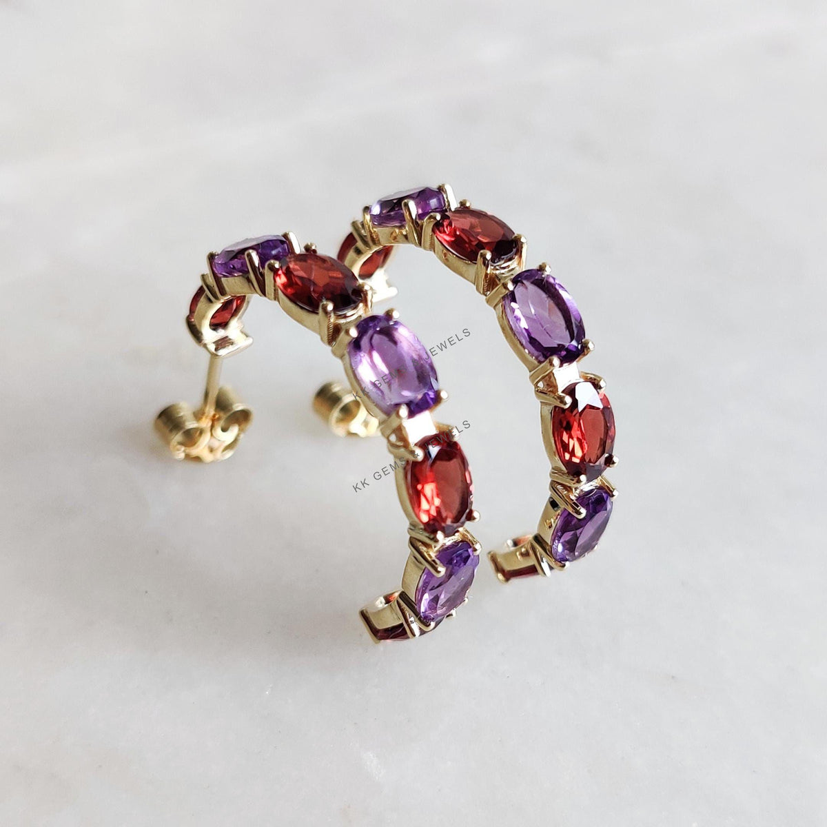Natural Purple Amethyst & Garnet Earrings, 14K Solid Yellow Gold Multi stone Hoops