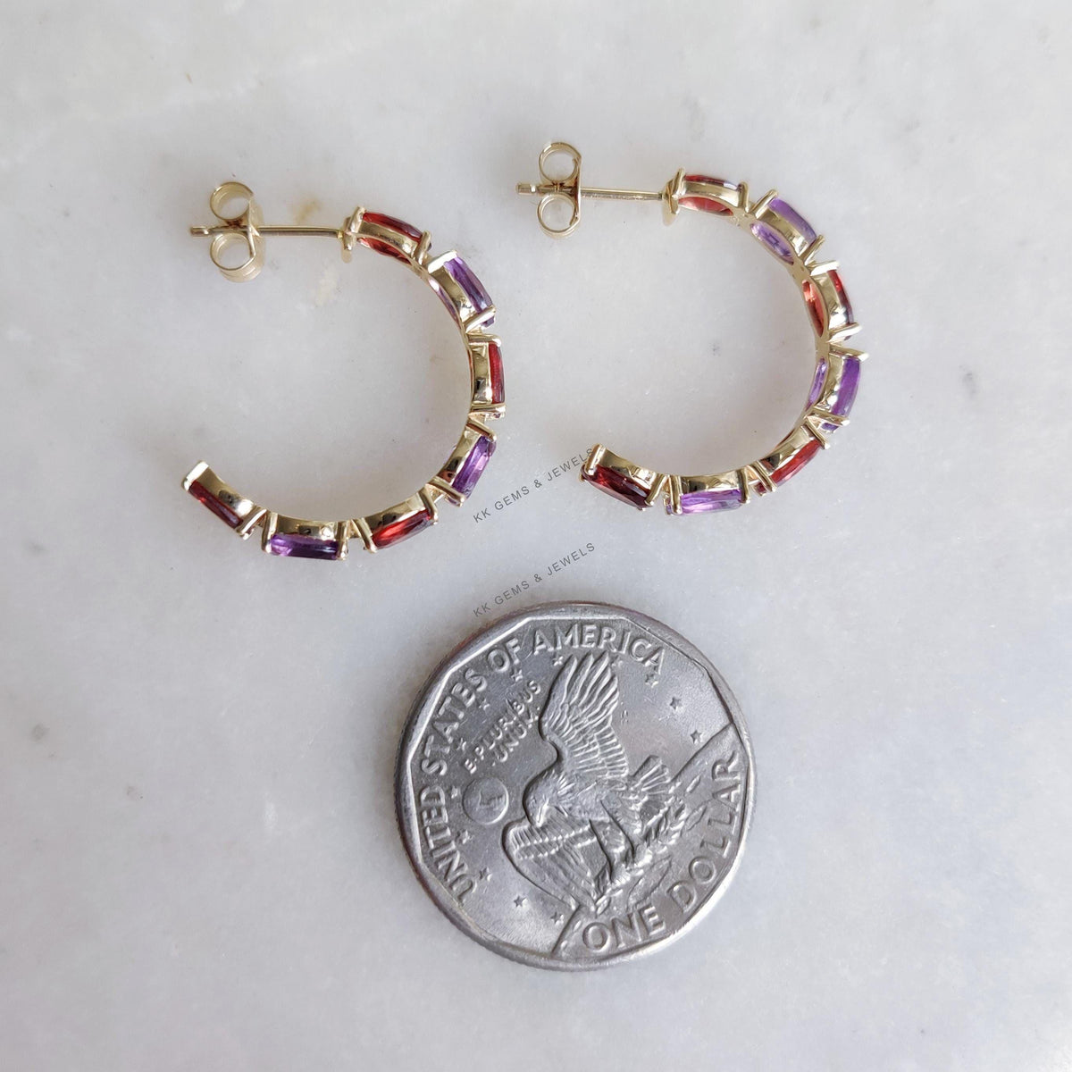 Natural Purple Amethyst & Garnet Earrings, 14K Solid Yellow Gold Multi stone Hoops
