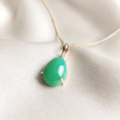 14K Solid Gold Natural Chrysoprase Pendant, Pear Cabochon, May Birthstone
