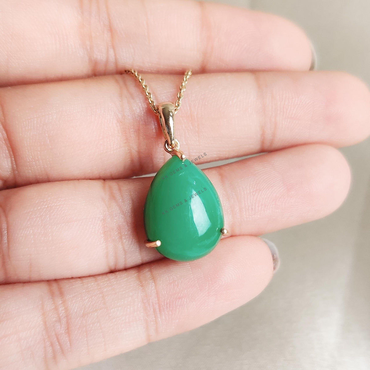 14K Solid Gold Natural Chrysoprase Pendant, Pear Cabochon, May Birthstone