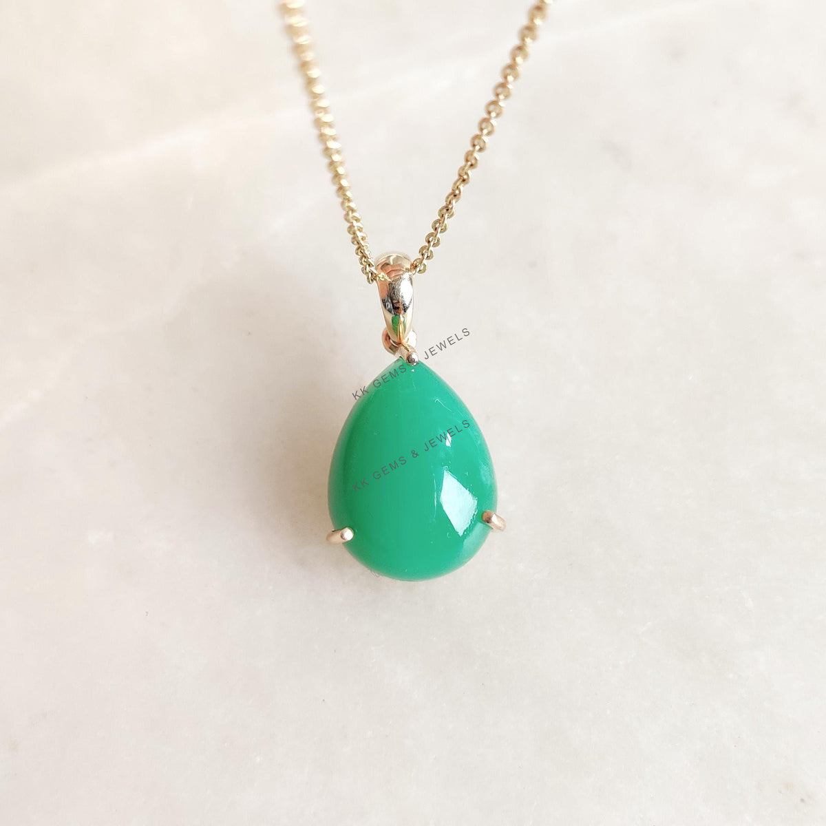 14K Solid Gold Natural Chrysoprase Pendant, Pear Cabochon, May Birthstone