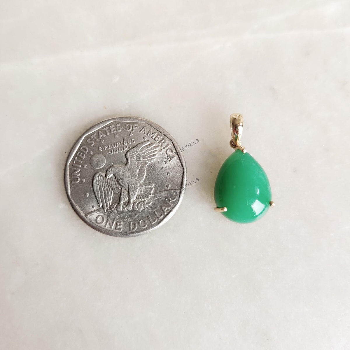 14K Solid Gold Natural Chrysoprase Pendant, Pear Cabochon, May Birthstone