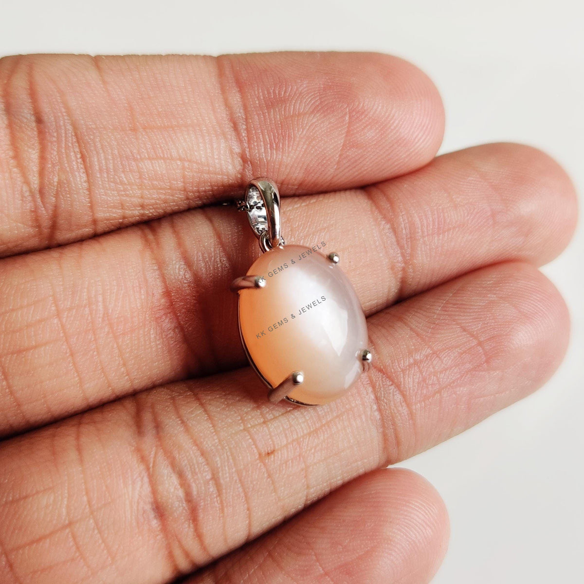 Natural Peach Moonstone Pendant, 14K Solid White Gold, June Birthstone Jewelry
