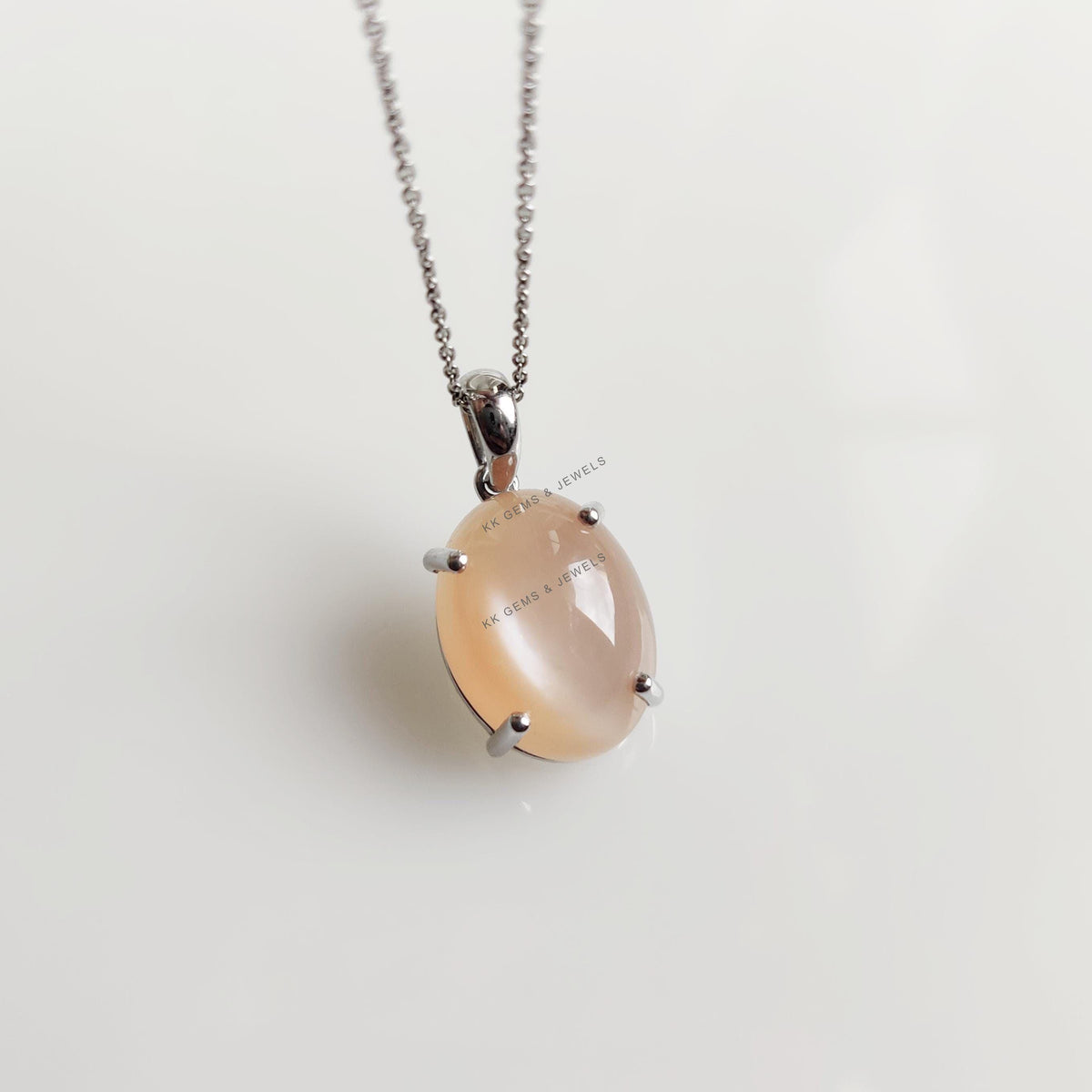 Natural Peach Moonstone Pendant, 14K Solid White Gold, June Birthstone Jewelry