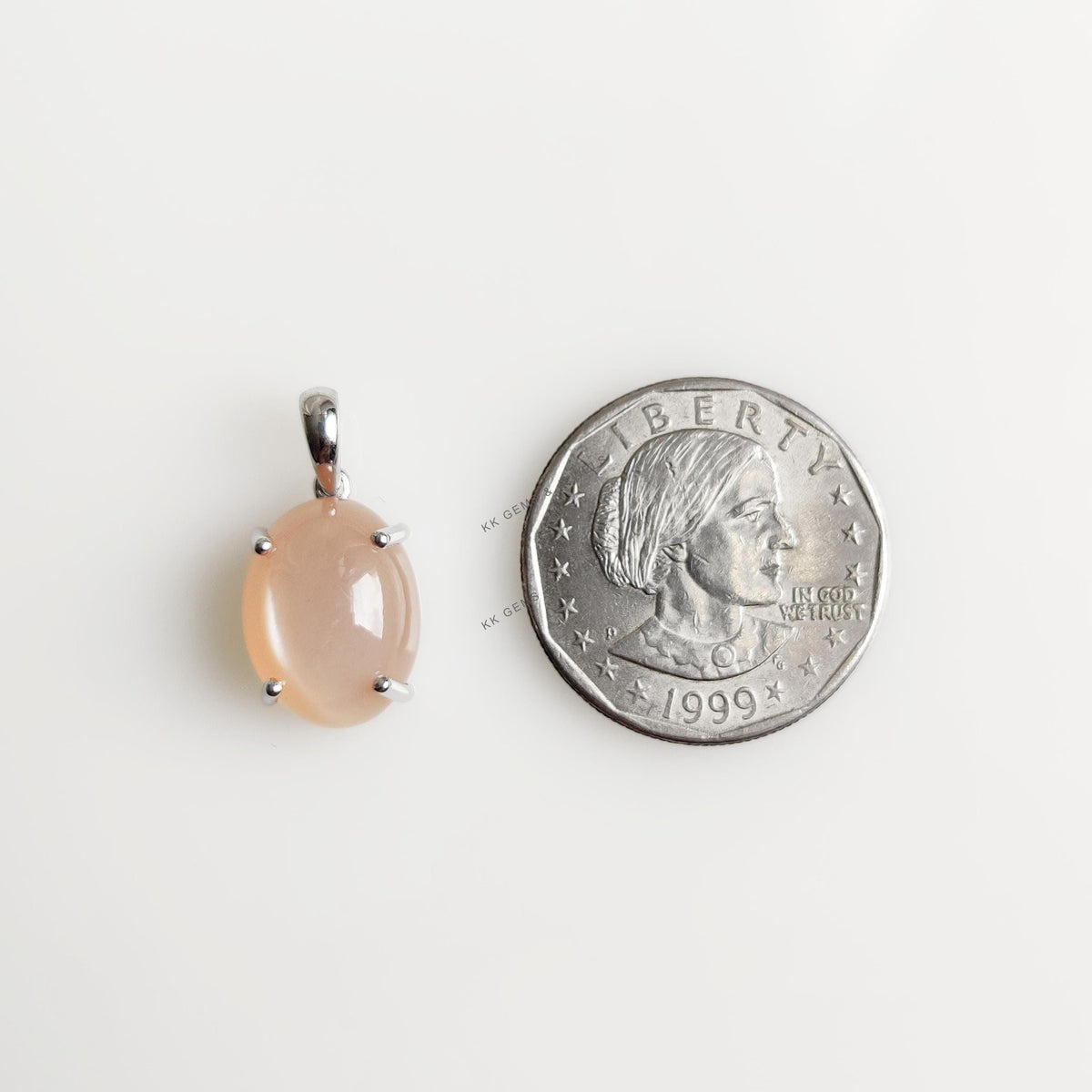 Natural Peach Moonstone Pendant, 14K Solid White Gold, June Birthstone Jewelry
