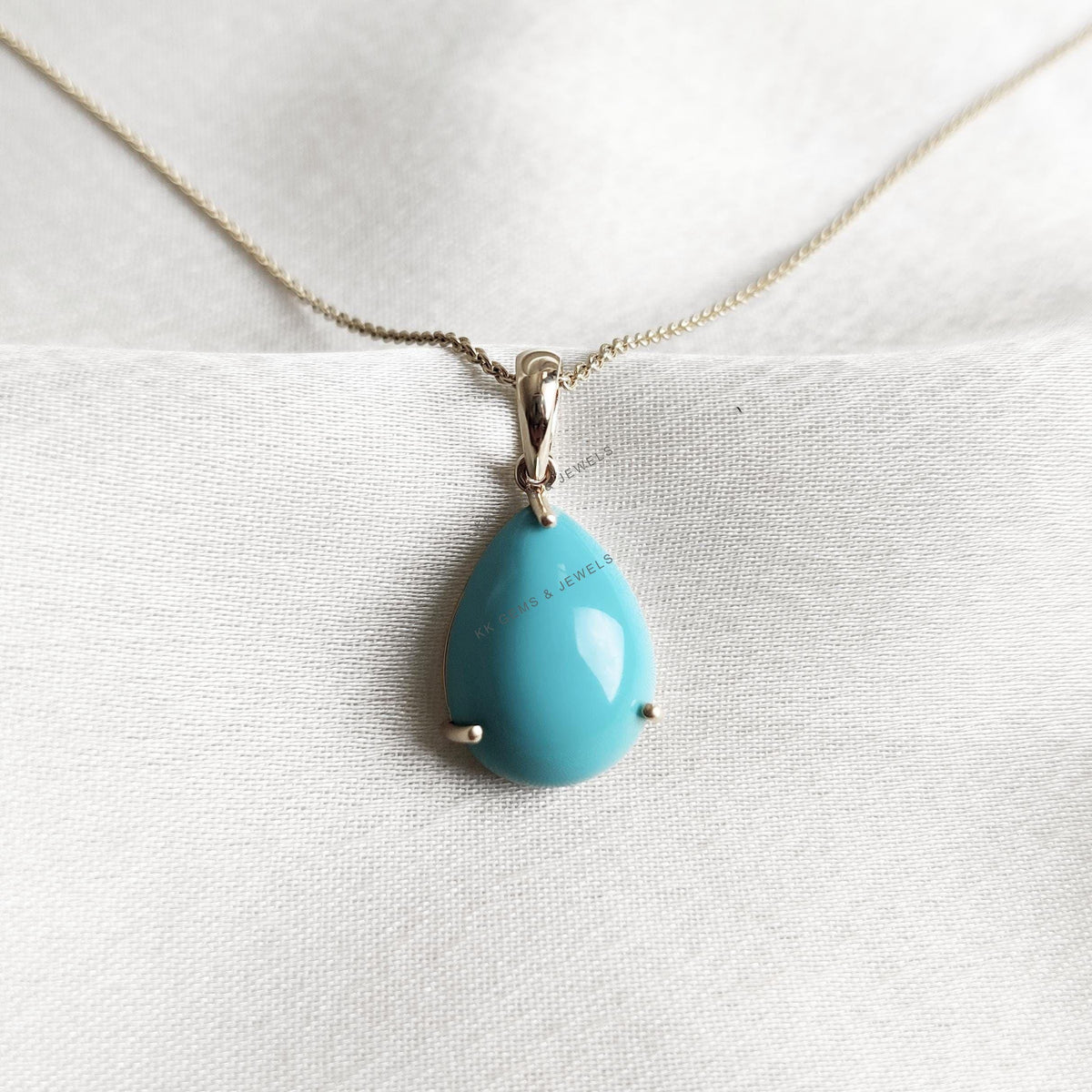 14K Solid Gold Pear Natural Turquoise Pendant, December Birthstone Jewelry
