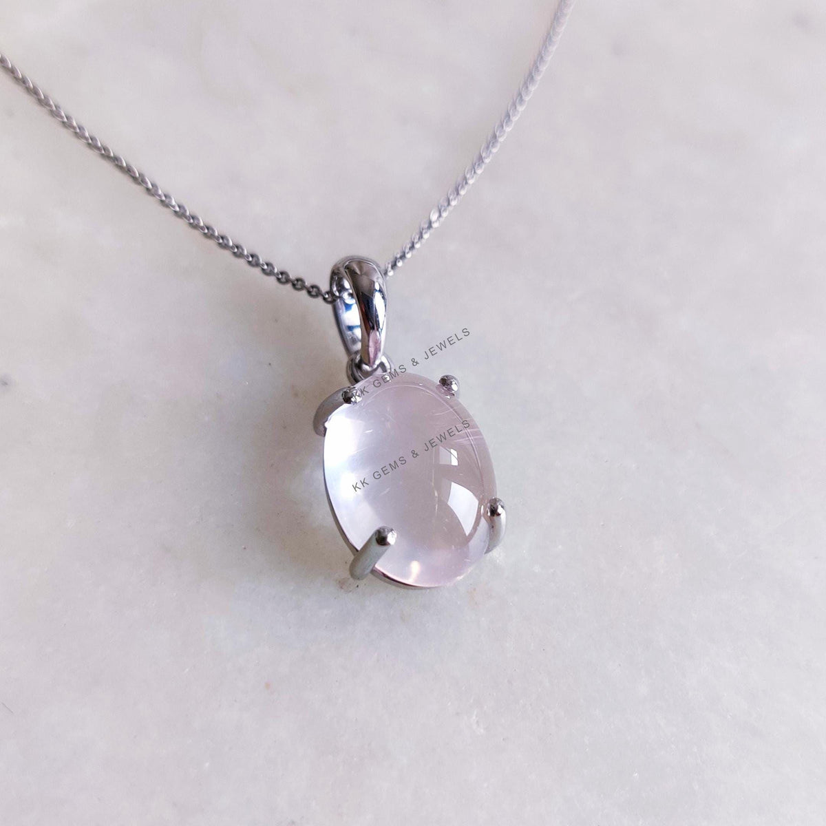 Natural Rose Quartz Pendant, 14K Solid White Gold Prong Setting, January Birthstone