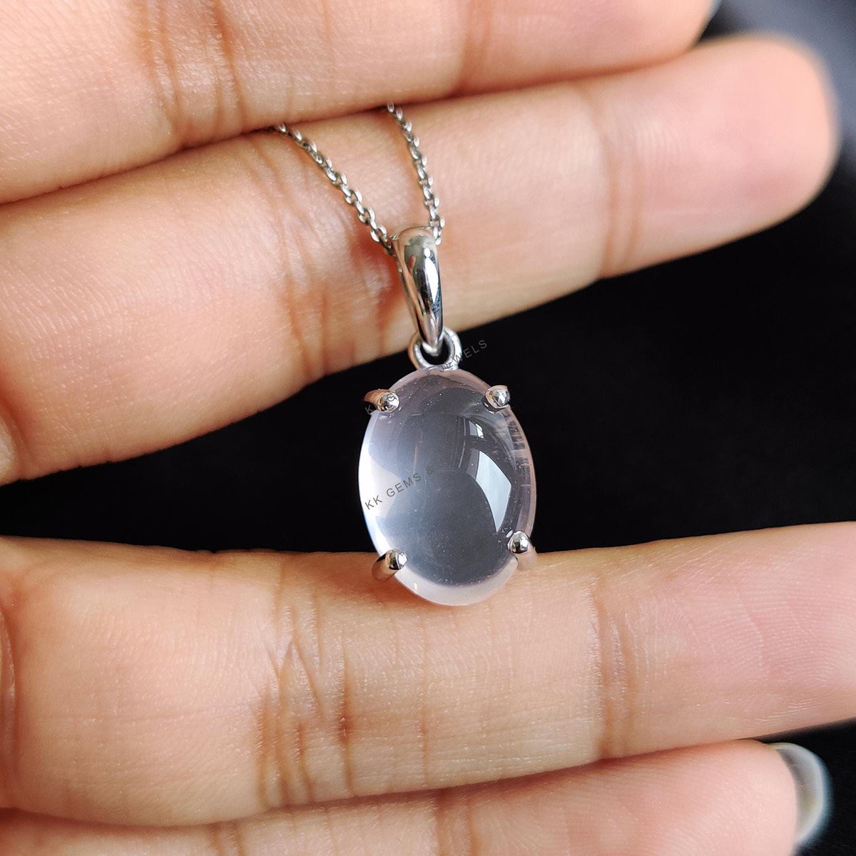 Natural Rose Quartz Pendant, 14K Solid White Gold Prong Setting, January Birthstone