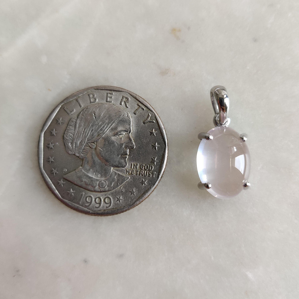 Natural Rose Quartz Pendant, 14K Solid White Gold Prong Setting, January Birthstone