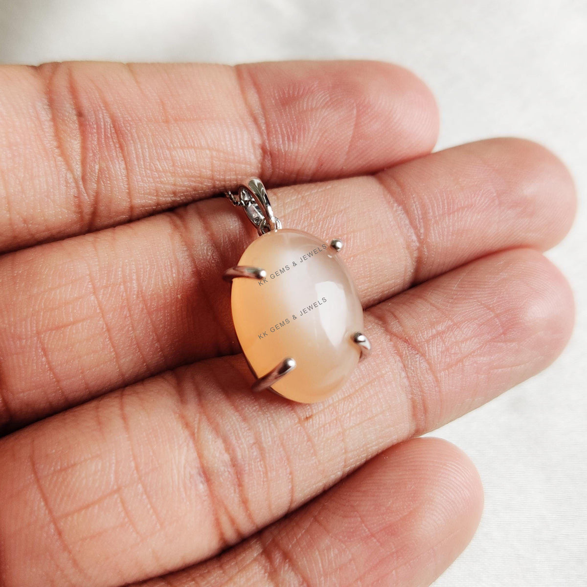 Natural Peach Moonstone Pendant, 14K Solid White Gold Prong Setting, June Birthstone