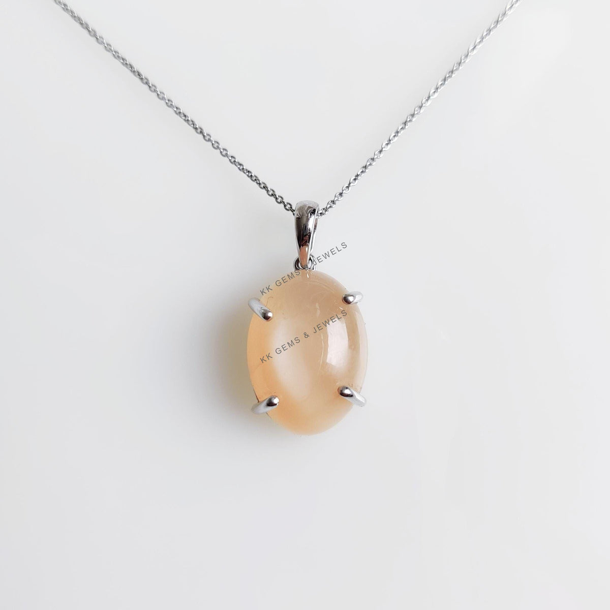 Natural Peach Moonstone Pendant, 14K Solid White Gold Prong Setting, June Birthstone