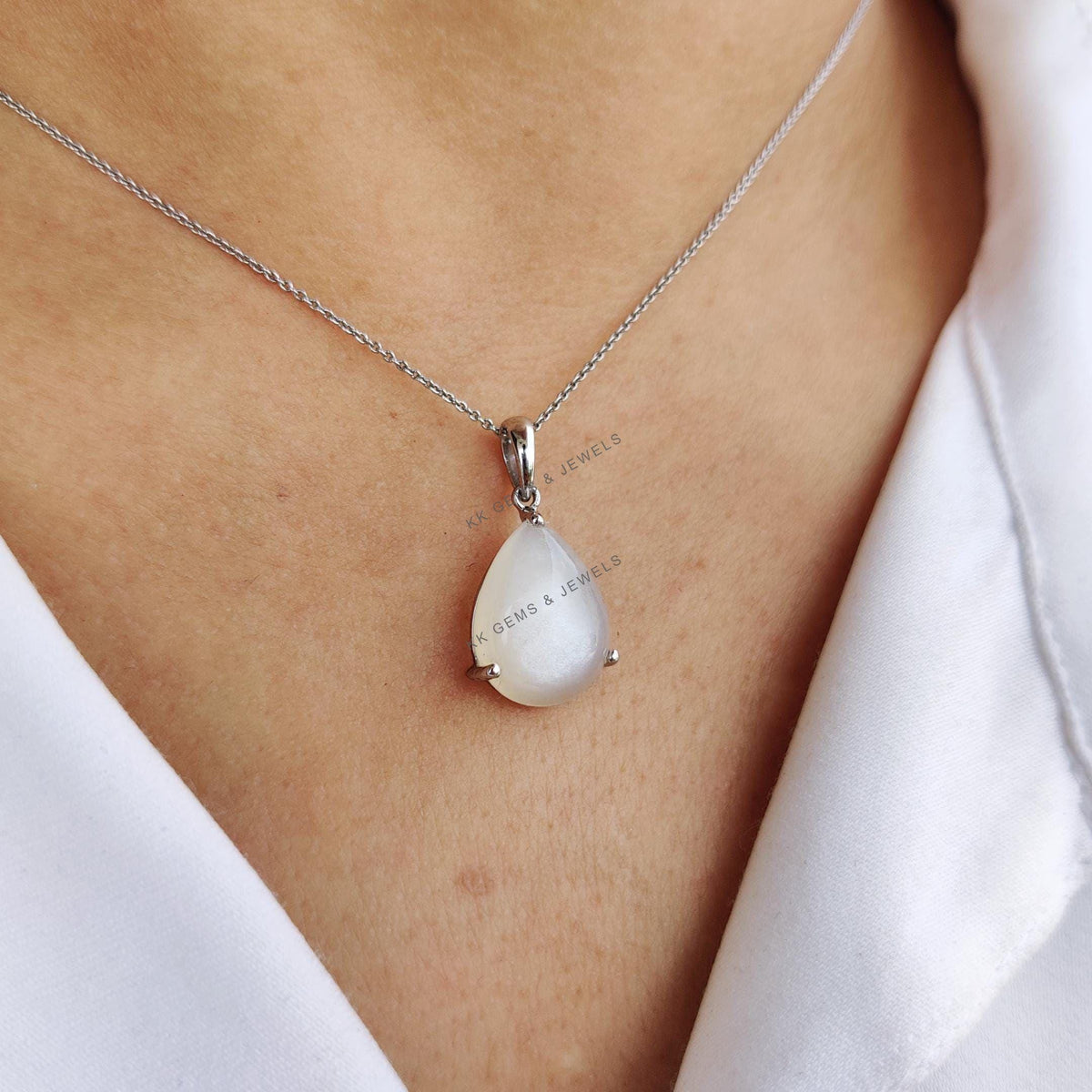14K Solid White Gold Pear Natural White Moonstone Pendant, June Birthstone