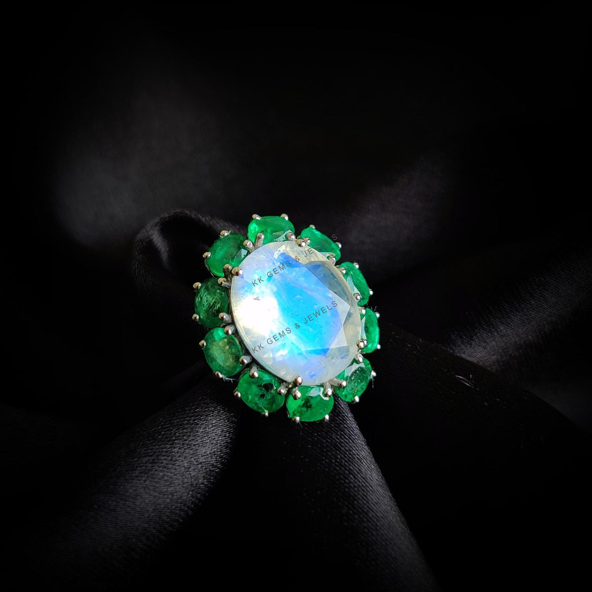 Natural Rainbow Moonstone & Emerald Ring, 14K Solid White Gold Halo Ring