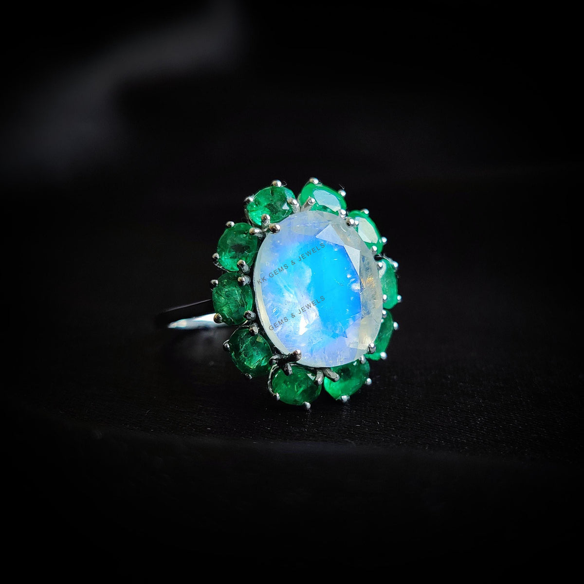 Natural Rainbow Moonstone & Emerald Ring, 14K Solid White Gold Halo Ring